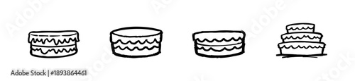 Collection of hand-drawn cake illustrations in black line art style. Features tiered cakes and layered sponge designs with wavy icing.