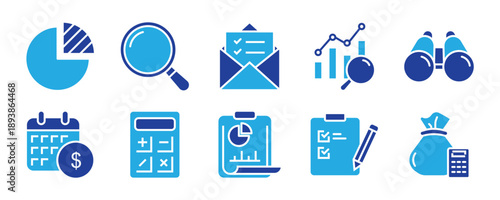 A collection of audit thin line icons. Contains accounting, examination, inspection, audit, check, checklist document, approved, monitoring, evaluation, search, financial analysis. Vector illustration