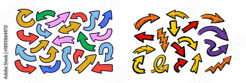 Set of colorful hand-drawn doodle arrows in various shapes and directions, ideal for creative design accents and infographics.