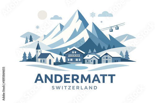 andermatt switzerland,alpine village illustration,mountain scenery concept,winter travel design,clean modern