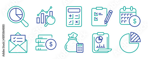 A collection of audit thin line icons. Contains accounting, examination, inspection, audit, check, checklist document, approved, monitoring, evaluation, search, financial analysis. Vector illustration