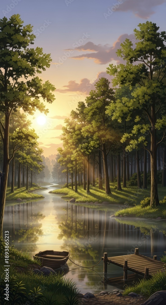 Fototapeta premium Serene woodland waterway reflects golden morning sunlight filtering through dense trees