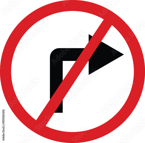 A standard red and black no right turn traffic sign indicating a prohibition for vehicles isolated on transparent background