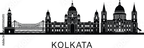 Black silhouette of Kolkata India skyline featuring Howrah Bridge Victoria Memorial and Dakshineswar Kali Temple landmarks vector illustration design