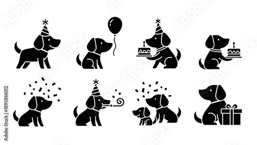 Dogs wearing party hats playing.