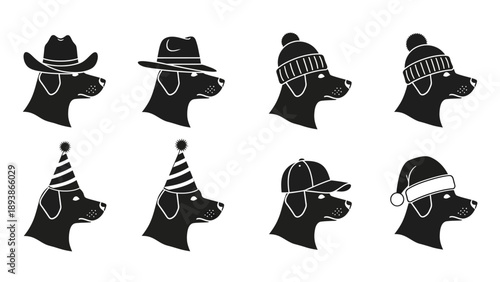 Dogs wearing various hats and headwear.