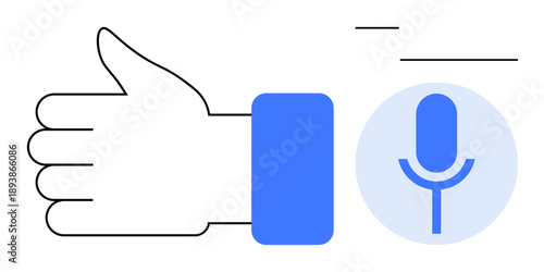 Voice control, feedback systems, communication apps, virtual assistants, podcasting, user interaction. Thumbs up symbol and microphone in a blue circle. Voice control and feedback systems concept