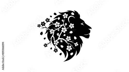 Lion Silhouette with Floral Pattern.