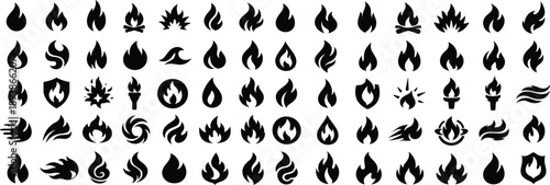 A solid black silhouette EPS illustration set featuring 30 unique fire icons. All designs are generic, clean, and stock-safe, suitable for heat, energy, danger, camping, cooking, industry, safety, and