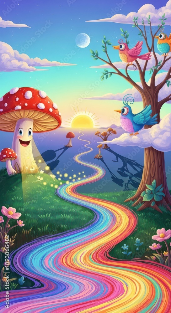 Naklejka premium Whimsical fantasy landscape features anthropomorphic fungus and brightly colored birds near a vibrant, winding pathway