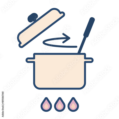 火にかけた鍋を混ぜる調理工程を表したパステル線画アイコン