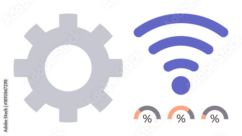 Technology, connectivity, data analytics, wireless communication, progress tracking, innovation. Gear icon with wireless and percentage indicators. Technology and connectivity concept