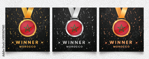 An esteemed collection of gold, silver, and bronze medals, prominently displaying the flag of Morocco, set against an elegant dark background with celebratory confetti and sparkling details, perfect f