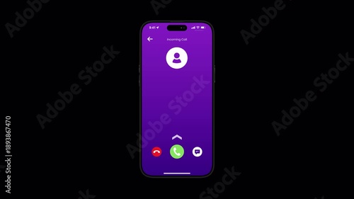 Incoming call smartphone UI 2D animation of a phone receiving a call and answering by swipe up with transparent background alpha channel in 4K resolution