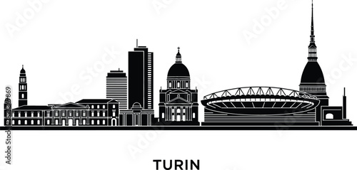 Detailed Turin city skyline silhouette with Mole Antonelliana and Basilica of Superga for Italy travel and urban branding vector