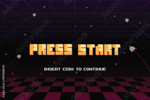 Press start. Retro sci-fi background, futuristic 80s grid landscape, cybernetically textured surface, 3D illustration.	