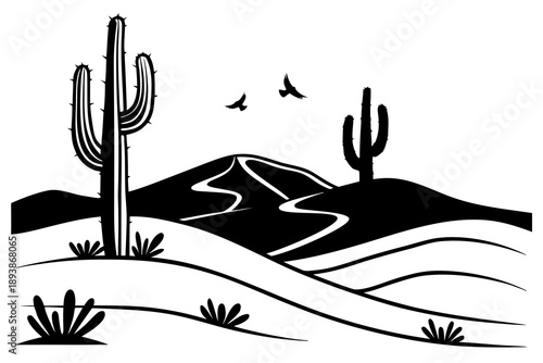 Vector silhouette landscape of desert with cactus and dunes, minimalist vector design, solid black shapes, clean edges, no texture, isolated on white background