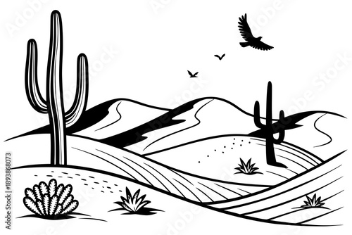 Vector silhouette landscape of desert with cactus and dunes, minimalist vector design, solid black shapes, clean edges, no texture, isolated on white background