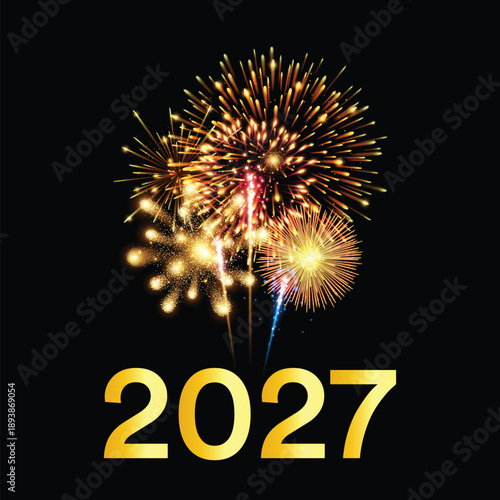 Εκτύπωση καμβά Happy New Year 2027, a fireworks celebration, with vibrant bursts of blue, gold and white lights for a dramatic festive atmosphere