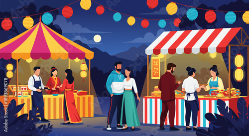 Vibrant night market street food festival vector illustration with people enjoying outdoor stalls and festive atmosphere