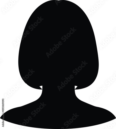 Silhouette of a womans head and shoulders with a bob haircut, black icon or avatar symbol