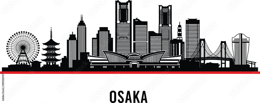 Obraz premium Detailed Osaka city skyline silhouette with Umeda Sky Building and traditional pagoda for Japan travel and urban branding vector