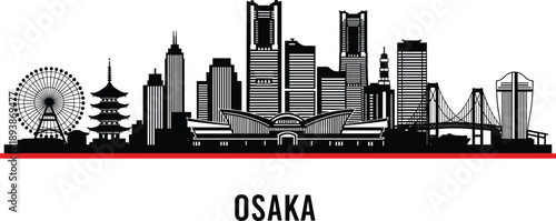 Detailed Osaka city skyline silhouette with Umeda Sky Building and traditional pagoda for Japan travel and urban branding vector