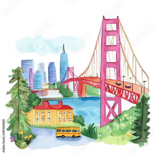 San Francisco. San Francisco hand drawn watercolor illustration