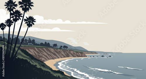 Scenic Vector Illustration of a California Coastal Landscape with Palm Trees, Sandy Beach, and Ocean Waves under a Serene Sky