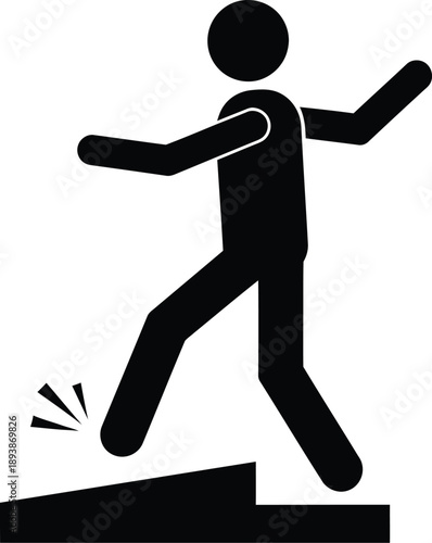 Stumble or trip hazard warning sign icon showing person stepping up or down on an uneven surface or step