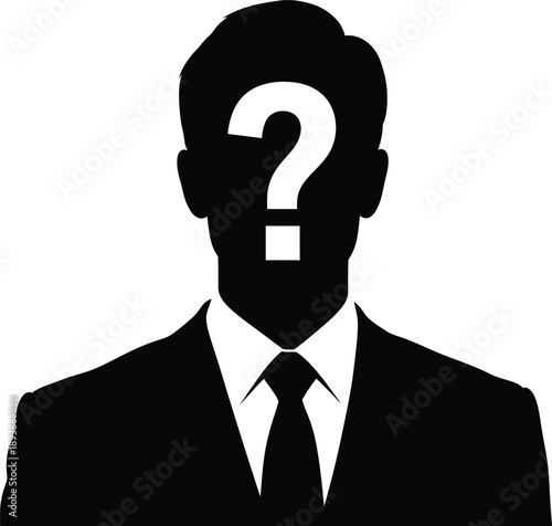 Silhouette of a man in a suit with a large white question mark replacing his face, representing an unknown person or identity theft concept