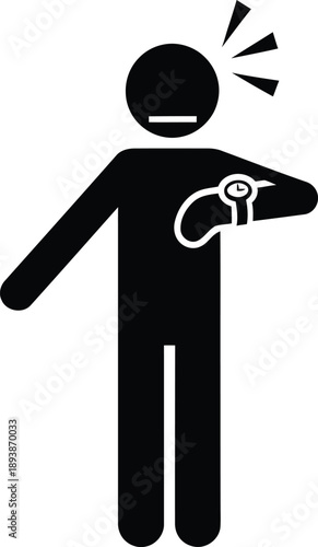 Impatient stick figure checking wristwatch, symbolizing waiting, lateness, or time management issues