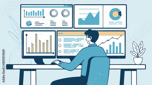Data Analyst Working on Multiple Computer Screens