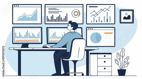 Data Analyst Working on Multiple Computer Screens