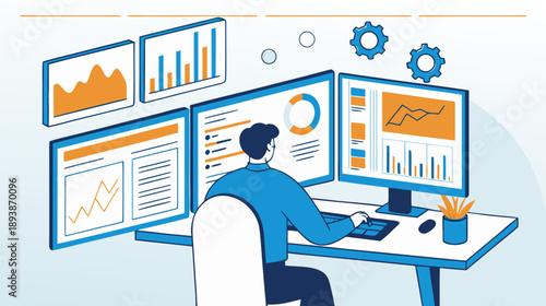 Data Analyst Working on Multiple Computer Screens