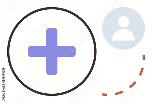 Healthcare, telemedicine, medical access, remote patient care, user connectivity, health tech. Purple plus sign within circle and user silhouette. Healthcare and telemedicine conceptual image