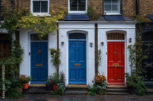Terraced houses with colorful doors and climbing plants in London architecture