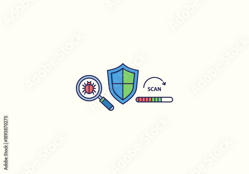Vector Ilustration Icon Concept Cybersecurity icon set featuring a virus scan, protection shield, and system check progress bar.