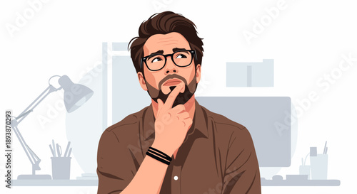 Bearded man in glasses, deep in thought, brainstorming ideas in an office setting, a compelling vector illustration