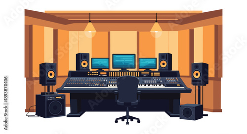 Professional Music Recording Studio with Mixing Console Monitors and Speakers Interior Design Flat Vector Style
