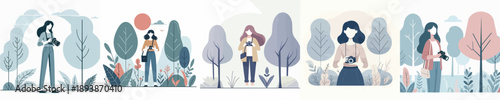 a woman photographer in the park in a simple and minimalist flat design vector style