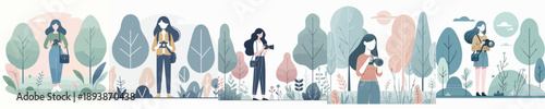 a woman photographer in the park in a simple and minimalist flat design vector style