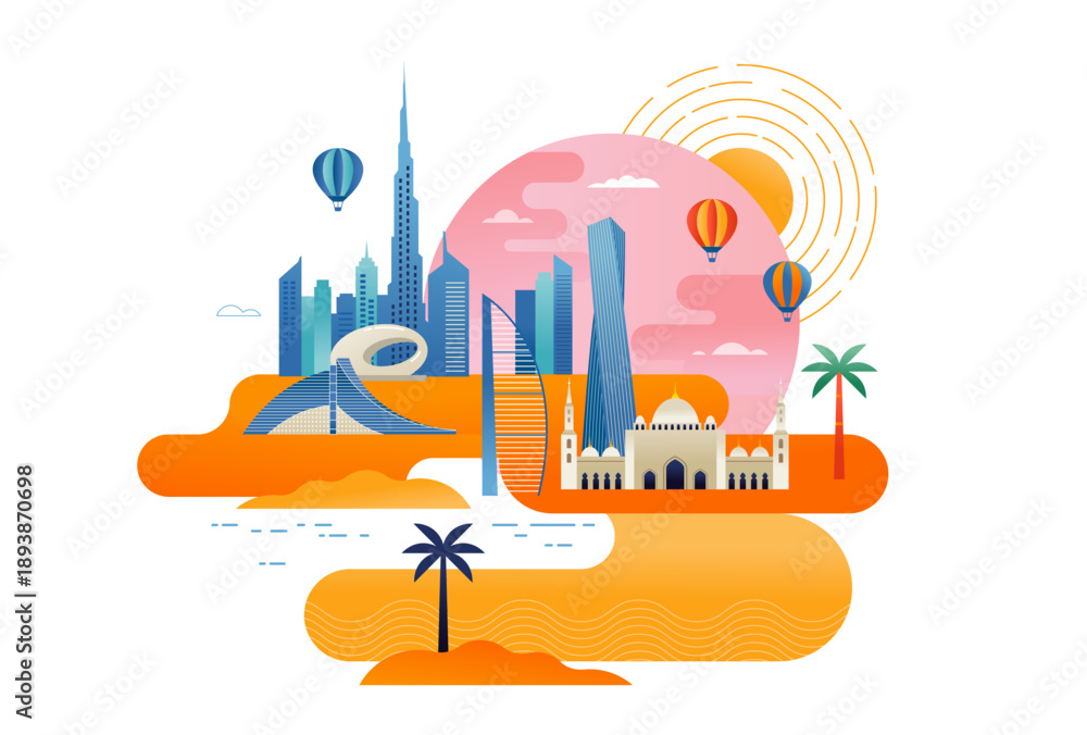 Naklejka premium Dubai skyline illustration. United Arab Emirates cityscape design