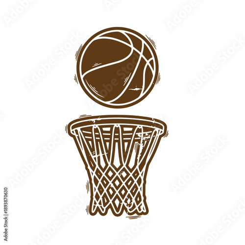 Vintage Grunge texture Brown basketball going through hoop net in brown ink style  sports equipment and facilities