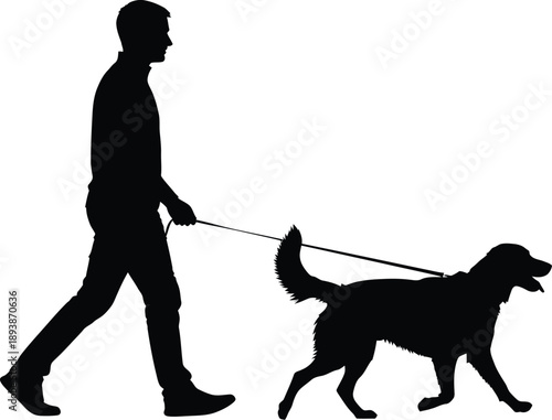 Silhouette of a man walking a dog on a leash