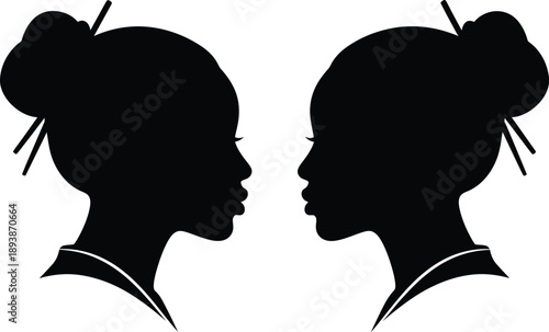 Silhouettes of two women facing each other with traditional asian hairstyles and hair sticks, black and white graphic