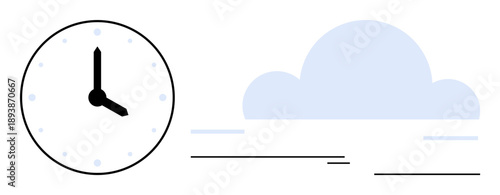 Clock face with precise black hands beside a faint cloud and linear accents. Ideal for time management, scheduling, weather, punctuality, minimalism, planning, productivity. Simple flat metaphor