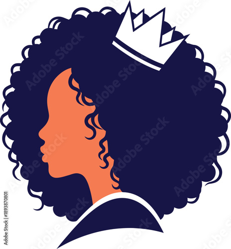 Silhouette profile of black woman with large afro hair and a crown, queen concept