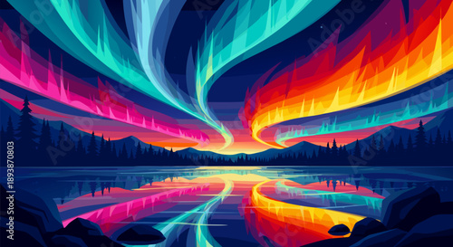 Vibrant aurora borealis vector illustration, a stunning light show reflected in serene lake with dark forest, ideal for diverse creative designs