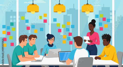 Diverse Team Collaboration and Brainstorming Session in Modern Office, Vector Illustration for Business Meetings and Creative Problem Solving